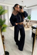 Yakası Kürklü Bomber Ceket Takım Lacivert