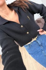 Gold Düğmeli Polo Yaka Hırka Siyah - Görsel 3