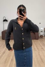 Gold Düğmeli Polo Yaka Hırka Antrasit - Görsel 2