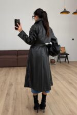 Kuşaklı Uzun Deri Trenç Siyah - Görsel 3