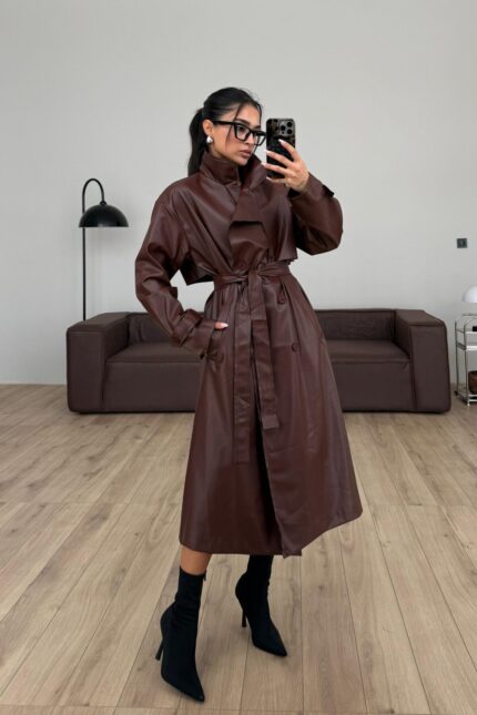 Kuşaklı Uzun Deri Trenç Kahverengi