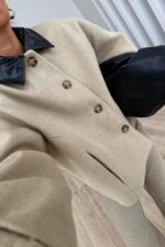 Deri Garni Detaylı Kaşe Ceket Vizon - Görsel 2