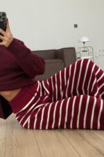 Çizgili Triko Pantolon Bordo - Görsel 2