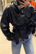 Deri Trend Dik Yaka Kısa Ceket Siyah - Görsel 3