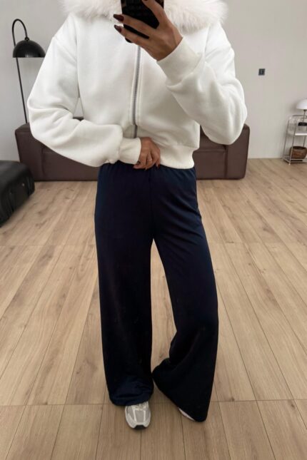 Parlak Kumaş Palazzo Pantolon Lacivert