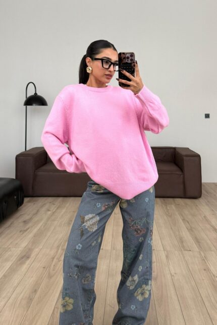 Yumuşak bisiklet Yaka Triko Kazak Fuşya