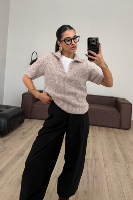 Kısa Kollu Polo Yaka Triko Kazak Vizon