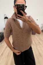 Kısa Kollu Polo Yaka Triko Kazak Sütlü Kahve - Görsel 2