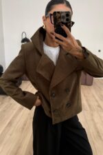 Kruvaze Kısa Süet Ceket Haki - Görsel 2