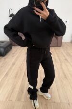 Paçası Bağcıklı Dik Yaka Eşofman Takım Siyah - Görsel 2