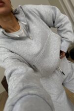 Paçası Bağcıklı Dik Yaka Eşofman Takım Gri - Görsel 2