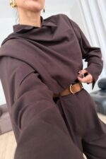 Manşet Kol Yakası Şallı Gömlek Takım Acı Kahve - Görsel 3