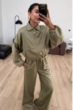 Parlak Kumaş Fermuarlı Ceket Takım Çağla - Görsel 2