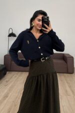 Gold Düğmeli Polo Yaka Hırka Lacivert