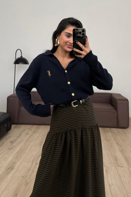 Gold Düğmeli Polo Yaka Hırka Lacivert