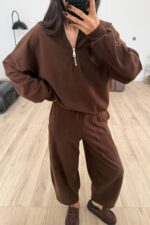 Yakası Fermuarlı Triko Takım Kahverengi - Görsel 3