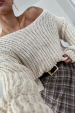 V Yaka Selanik Örgü Kazak Bej - Görsel 2