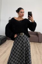 V Yaka Selanik Örgü Kazak Siyah