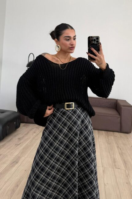 V Yaka Selanik Örgü Kazak Siyah