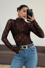 Balıkçı Yaka Dantel Bluz Kahverengi - Görsel 2