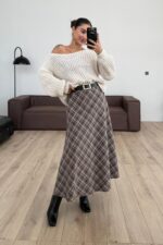 Ekose Detaylı Uzun Etek Kahverengi