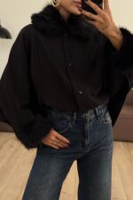 Yarasa Kollu Kürk Detaylı Panço Siyah - Görsel 2