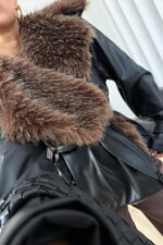 Beli Kemerli Kürk Detaylı Deri Ceket Siyah - Görsel 3