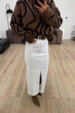 Önü Yırtmaçlı Beyaz Kot Etek - Görsel 2