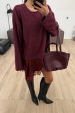 Asimetrik Kesim Güpürlü Bluz Bordo - Görsel 2