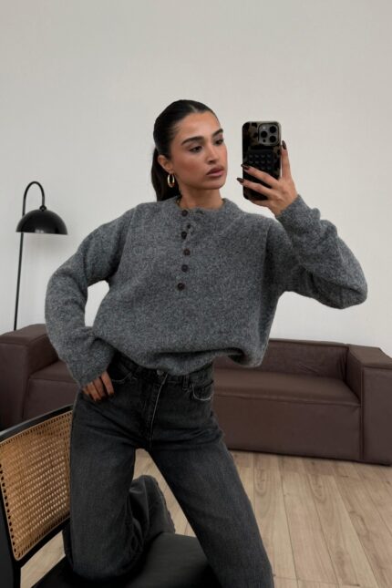 Yakası Düğmeli Yumuşak Kazak Antrasit