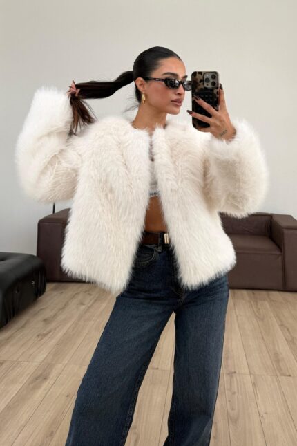 Erus Tüylü Kürk Ceket Ekru