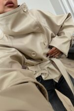 Yumuşak Derili Dik Yaka Ceket Bej - Görsel 3