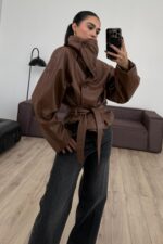 Yumuşak Derili Dik Yaka Ceket Kahverengi