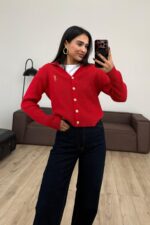 Gold Düğmeli Polo Yaka hırka Kırmızı