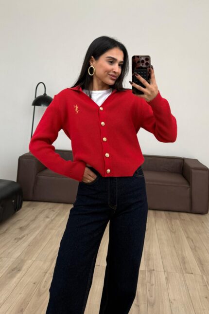 Gold Düğmeli Polo Yaka hırka Kırmızı
