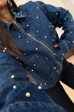 İnci Taşlı Fermuarlı Denim Ceket - Görsel 2
