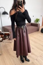 Kemerli Uzun Deri Etek Bordo - Görsel 2