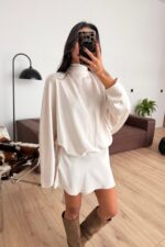 Arkadan Bağlamalı Yarasa Kollu Saten Elbise Ekru - Görsel 2