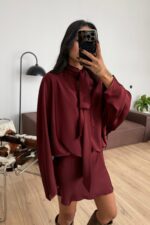 Arkadan Bağlamalı Yarasa Kollu Saten Elbise Bordo - Görsel 2