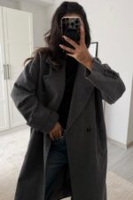 Astarlı Kruvaze Yaka Kaşe Kaban Füme - Görsel 2