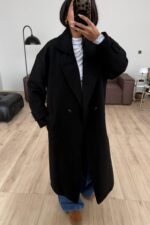 Astarlı Kruvaze Yaka Kaşe Kaban Siyah - Görsel 2