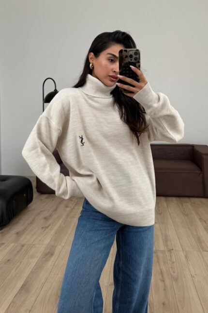 Boğazlı Oversize Kazak Krem