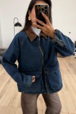 Fermuarlı Kadife Yaka Denim Ceket - Görsel 5