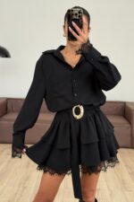 Güpür Detay Gold Tokalı Siyah Elbise - Görsel 2