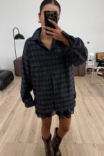 Oversize Tek Cepli Ekose Gömlek Lacivert - Görsel 2