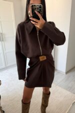 Trend Büzgülü Etek Ceket Takım Acı Kahve - Görsel 2