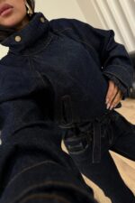 Kuşaklı Dik Yaka Bomber Ceket Lacivert - Görsel 3