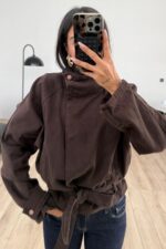 Kuşaklı Dik Yaka Bomber Ceket Acı Kahve - Görsel 2