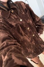 Süet Desenli Gold Düğmeli Etek Takım Kahve - Görsel 4