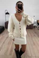 V Yaka Hırka Triko Etek Takım Ekru - Görsel 2